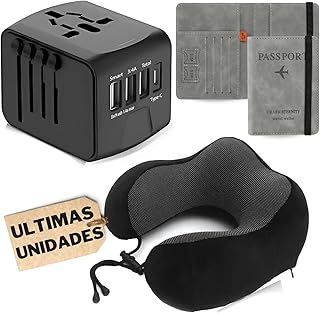 Kit de Voyage avec Adaptateur Universel pour Prises USB et C, Coussin de Voyage viscoélastique et Porte-Documents RFID étanche - Idéal pour 150 Pays