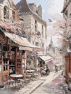 STYLER Tableau sur toile City Walk 70 x 100 cm prêt à accrocher – vieille ville romantique avec café et cerisiers en fleurs – décoration murale vintage urbain – fabrication européenne