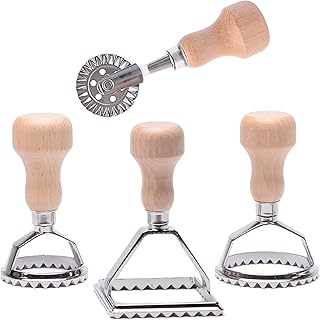 MASTER FENG Emporte Piece Ravioli, Coupeurs de Ravioli en Bois Poignée et Bord Ravioli à Roulette Patisserie Ustensiles pour Pâtes - Lot de 4