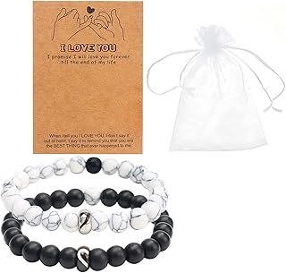 Bracelet couple perles naturelles 2 pièces – bracelet homme femme en pierres blanches et noires 19-20CM – idée cadeau romantique pour couple, Saint-Valentin, anniversaire