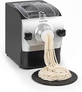 Klarstein Pastamania Machine à Pâtes Fraîches Électrique – 260W Automatique avec 7 Accessoires, 500g Capacité, Silencieuse 60dB, Écran LED, Pétrissage en 3 Min, Inclus Coupe-Pâte et Moule à Raviolis